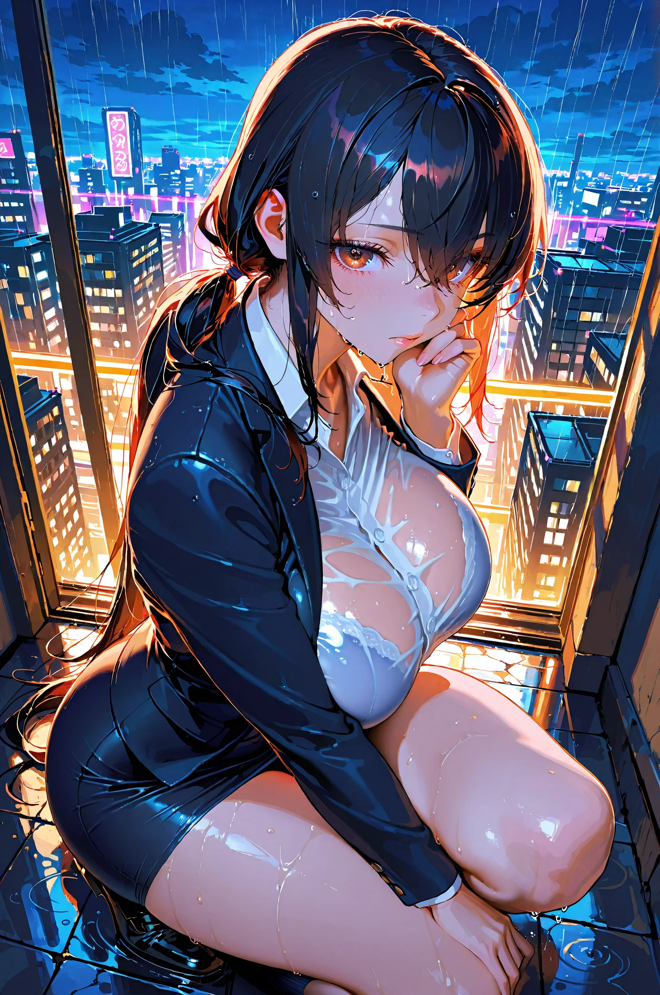 Girl, short tight shorts, black thong, Shirt unbuttoned, Bare breasts, chest visible, Skyscraper balcony background, openlegs, night, rain, slim body, slim ass, Sneakers