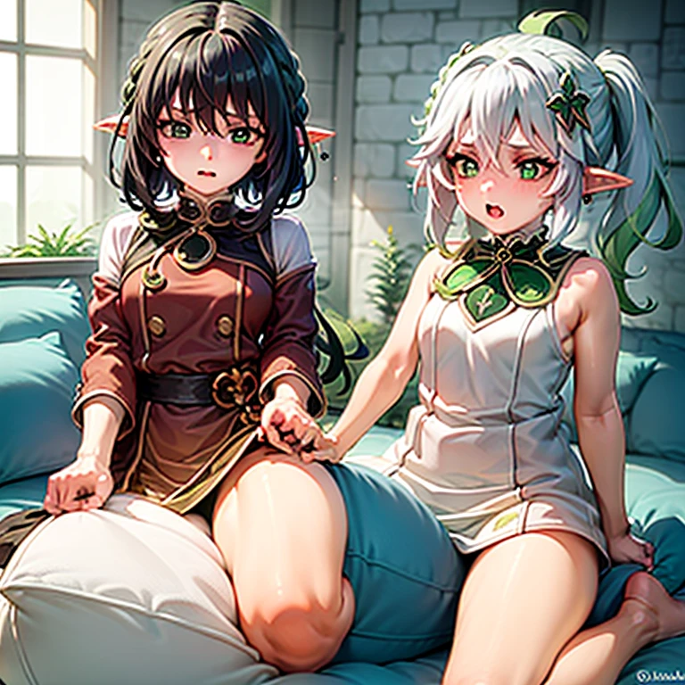 (fantasy:1.5), (masterpiece:1.3), (ultra detailed:1.2), (2girls:1.8), (dungeon:1.5), (cowboy shot:1.3), teens, random hair, (baby face, cute face:1.2), (serious:1.2), (medium breast:1.3), (sweat:1.2), (shiny skin, oily skin:1.1), (face detailed, body detailed:1.6), (archer clothes:1.5), (clothes detailed:1.8), (hip detailed:1.3), (looking at viewer:1.4), (standing:1.3)