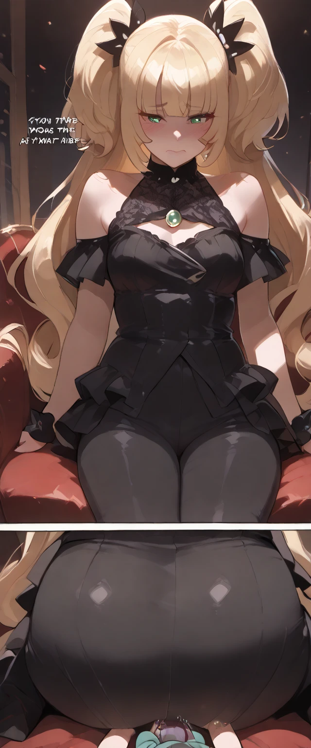 beautiful, (masterpiece), best quality, (extremely detailed face), extremely detailed eyes, perfect lighting, OverallDetail, detailed, deep skin,textured skin,
,Lusamine, <lora:lusamine_pokemon:0.8>,very long hair,blonde hair ,green eyes,evil smile:1.3, evil eyes, black dress,large breasts, cleavage, breasts apart, covered nipples,
sitting on fancy chair,ballroom,