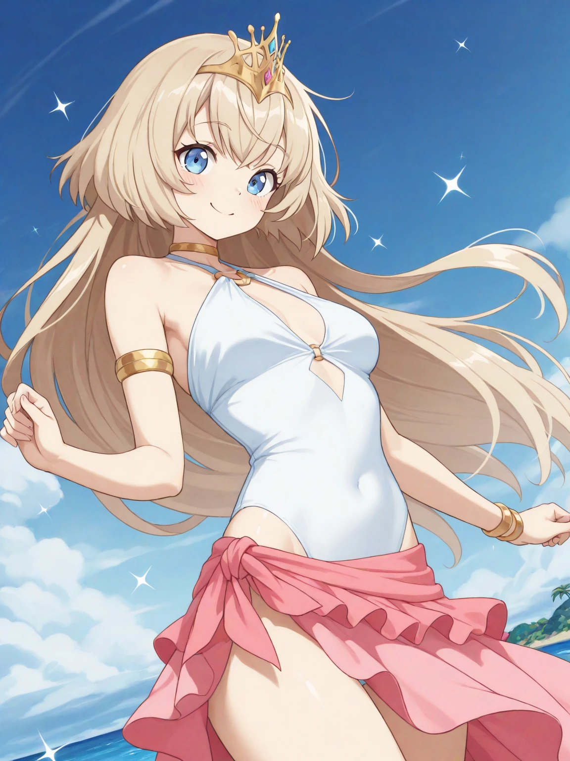 The character in this illustration is a young woman with long, flowing brown hair, highlighted with lighter brown tones, wearing a turquoise bikini top with a gold centerpiece and matching gold armbands, She has a warm smile and a confident gaze, with her head slightly tilted. She is adorned with a thin golden necklace featuring a small red gem pendant, There is a red sash tied around her waist, and a sheer, white fabric attached to her bikini top, The background suggests a bright, sunny beach setting with a clear blue sky
