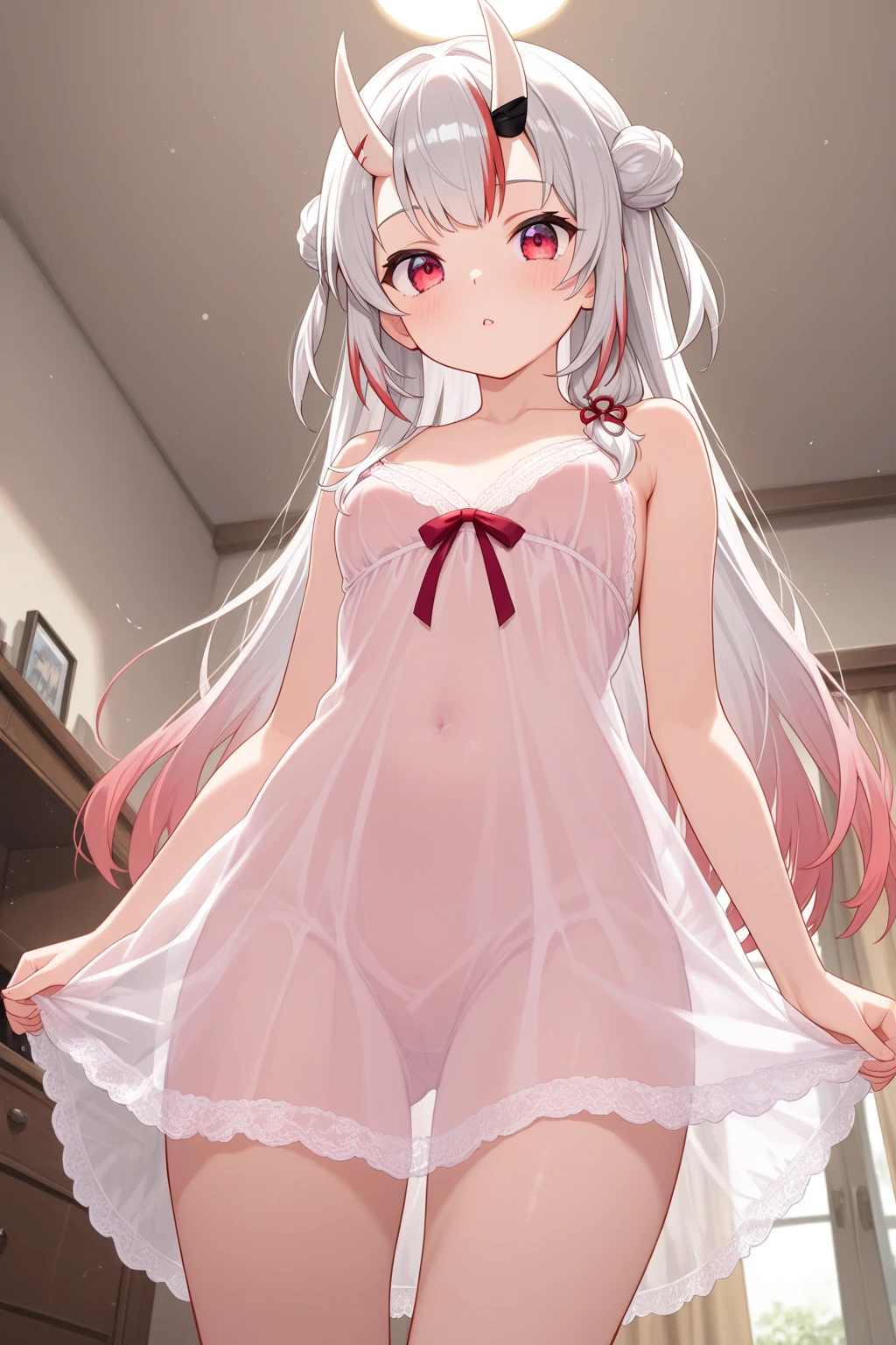 12year old、Height 160cm、beautifly、cute little、Anxious face。1 female。a blond。Brown-eyed。Longhaire。Matching bangs。Pale pink lipstick。Small white camisole。undergarment:only panties。Dark blue long high socks。Small red ribbons on both sides of her hair。Warm lighting。top-quality、hight resolution。rug。girl's own room。She is lying in bed。legs are open。hand on the breasts。Urine splatters from the crotch(2.5)、Pubic to yellow liquid。The pubic area is clearly visible、((Areola showing through))、((Sweat))、look at a camera。
