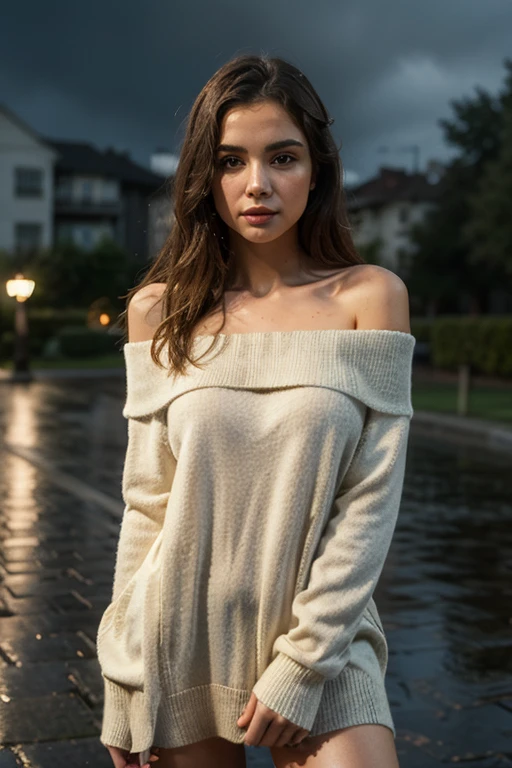 masterpiece,ultra realistic,32k,extremely detailed CG unity 8k wallpaper, best quality, 1 girl 25 year old,  (loose fitting Dark red Off-the-shoulder dress ), hands pulling low ,((winter day )), Beachy waves with a side part ,eardrop, lady ,necklace, beautiful, cleavage, spilling out, visible underwear, ((wet clothes)), wet skin, wet hair, rainy day, soaked, drenched, long hair, medium sized breasts, Looking at viewer, brown hair, bare shoulders,  jewelry, full body, necklace, of the shoulder, green sweater, lips, Realistic, nose, flirting with the camera, Do a photoshoot in a indian city