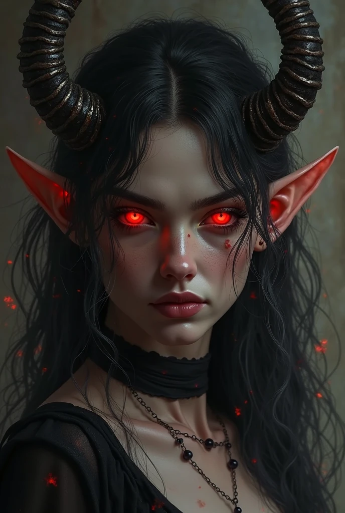 a young girl with glowing demonic eyes,  small breast, detailed face, ((topless)) , wearing a pentagram headpiece, horns, priestess of the occult, dark fantasy, cinematic lighting, dramatic shadows, rich colors, intricate details, highly detailed, digital painting, artstation, concept art, hyper realistic