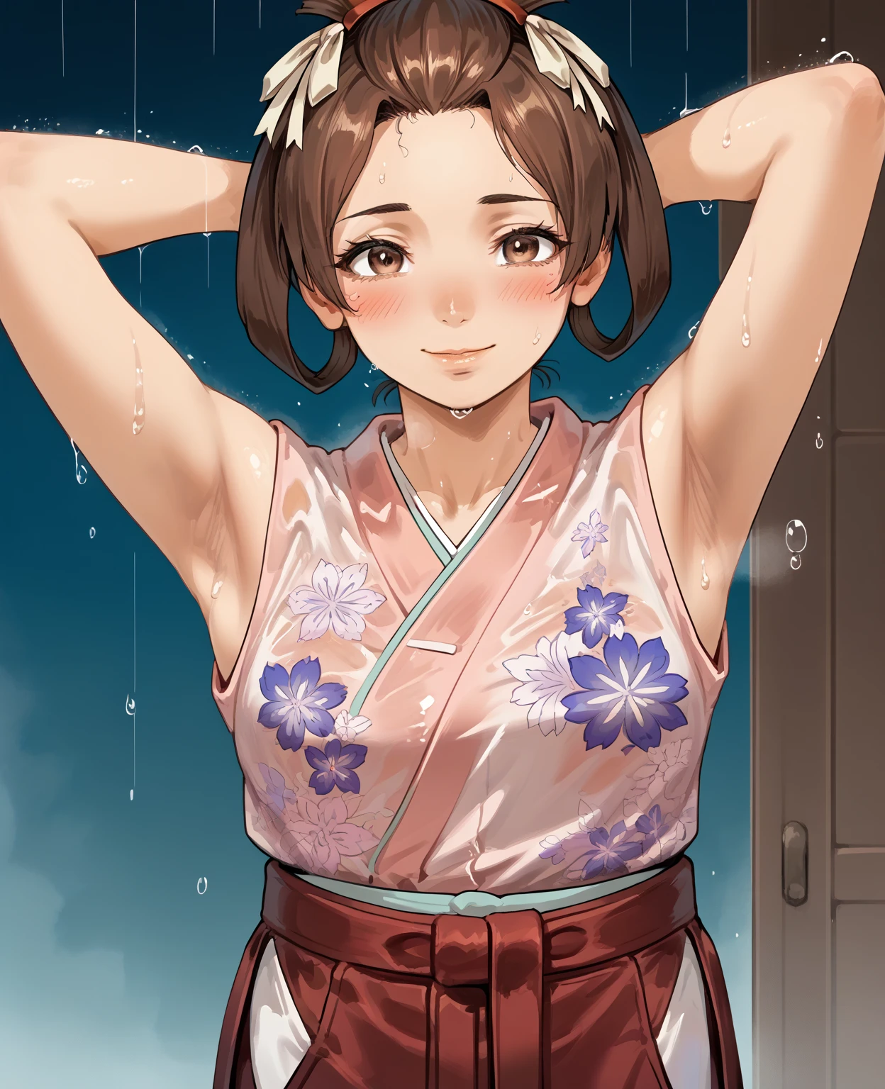night,Outdoor,Girl,Red eyes,Long twin tails,Brown Hair,Eyebrows visible through hair,Flat Chest,Blue yukata,Cleavage,Nipples,orgasm,in heat,upper body,intercourse with a man,boy, boy lick nipple, orgasm,
