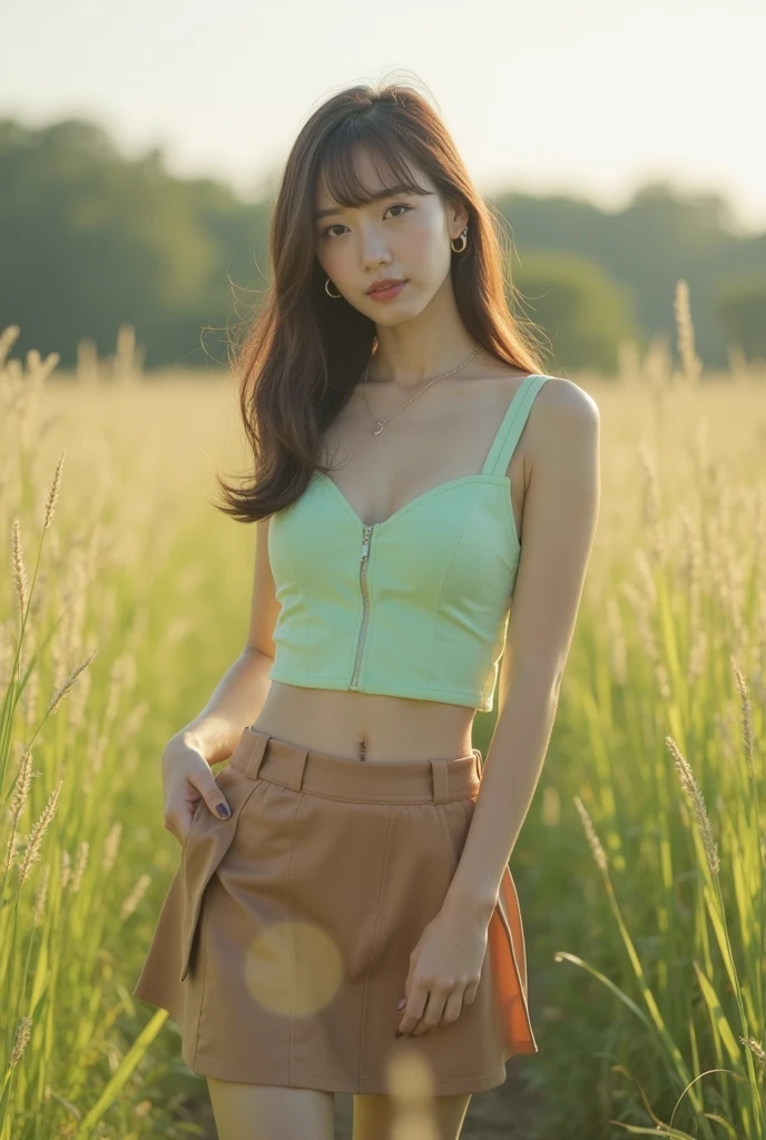 (Best quality, masterpiece: 1.2), portrait, breasts, yellow white bra, hips: 0.5, outdoor, 25-year-old woman in the garden: 2, white yellow miniskirt, (pale yellow flower chaos in background: 1.3), backlight: 1.7, rich skin details: 1.8,