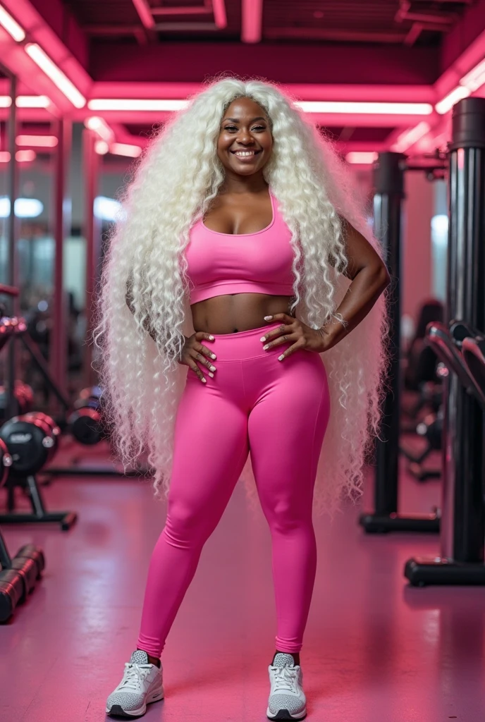 ((best quality)), ((masterpiece)), (detailed), perfect face, black woman with long blonde and pink braids, curvy and fit physique, wearing a pink dress and pink chunky platform sneakers, sitting inside restaurant, looking at a menu