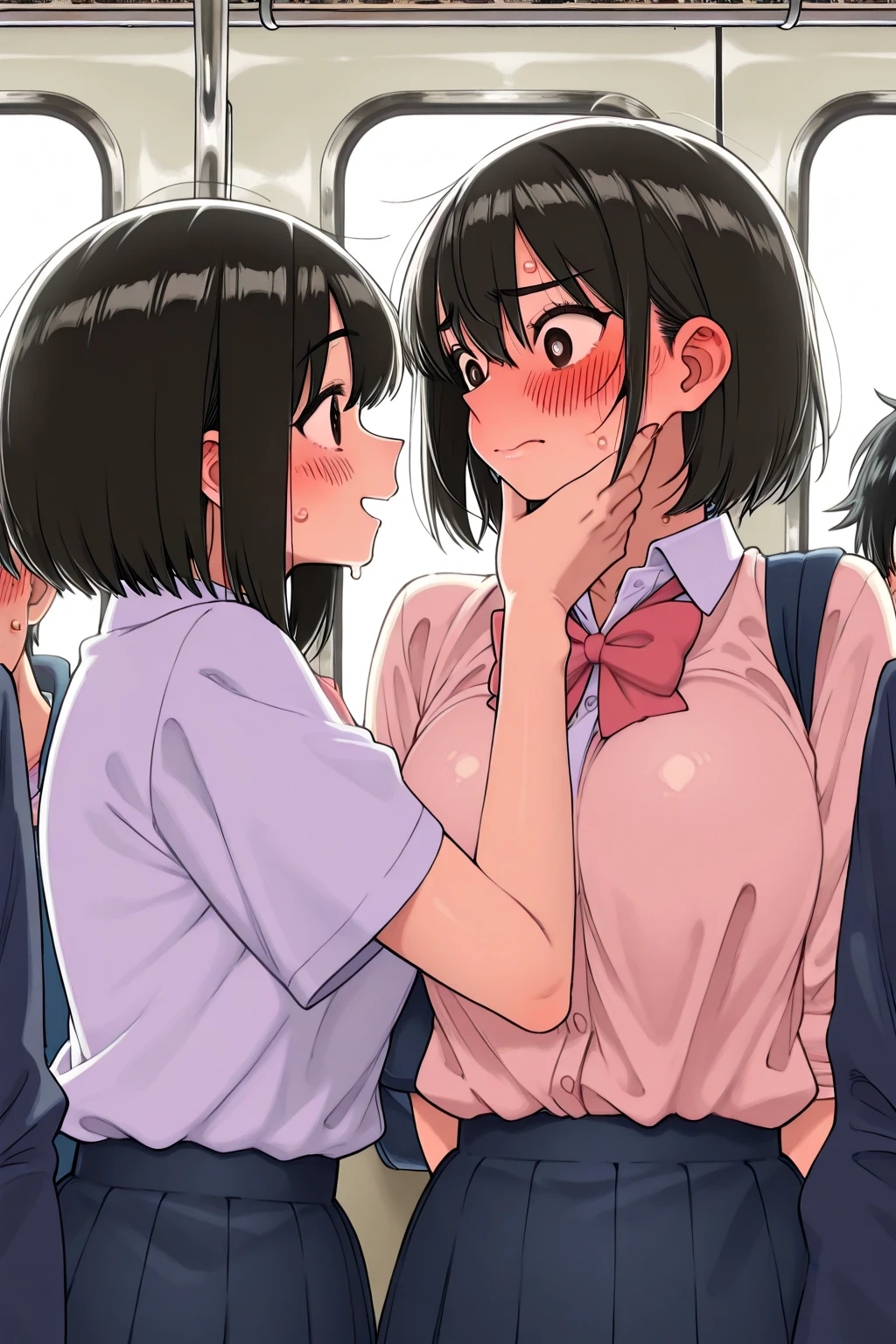 A beautiful Japanese woman, (black hair,straight bob:1.1, bangs),(anatomically correct), All limbs, full finger, 　casual clothes, detailed and perfect face, detailed and perfect hands, semi-realism, Japanese school at night, , girl friends together,(Passionate Deep Kiss, lesbian kiss,saliva,hug each other tightly:1.2),super mini skirt,big breasts,((fierce resistance)),(((blush))),(((painful expression))),(((open your mouth wide))),(((cry))),(((shout))),(((anger)))