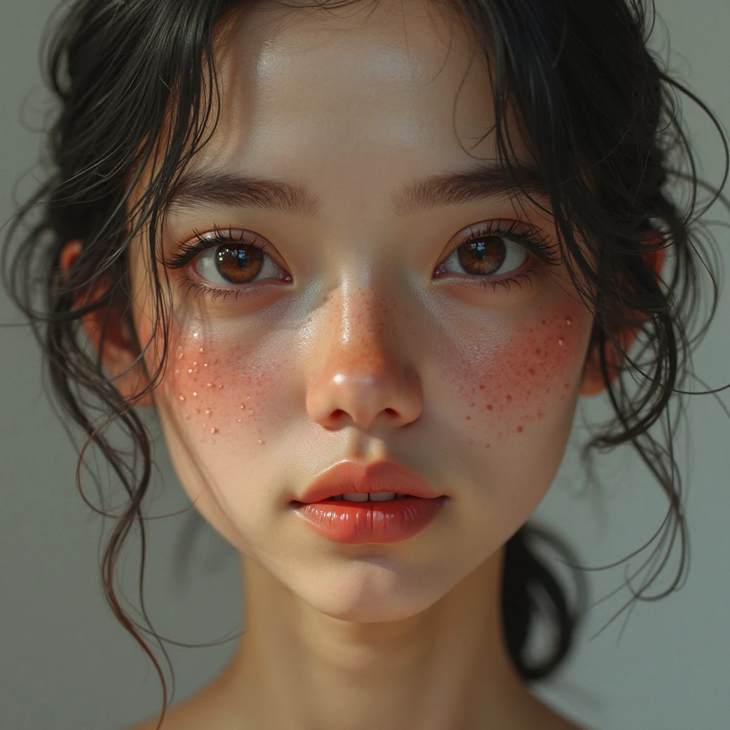 japanese woman, naked, curly mullet, freckles, close-up, UHD, retina, masterpiece, accurate, anatomically correct, textured skin, super detail, high details, high quality, award winning, best quality, highres