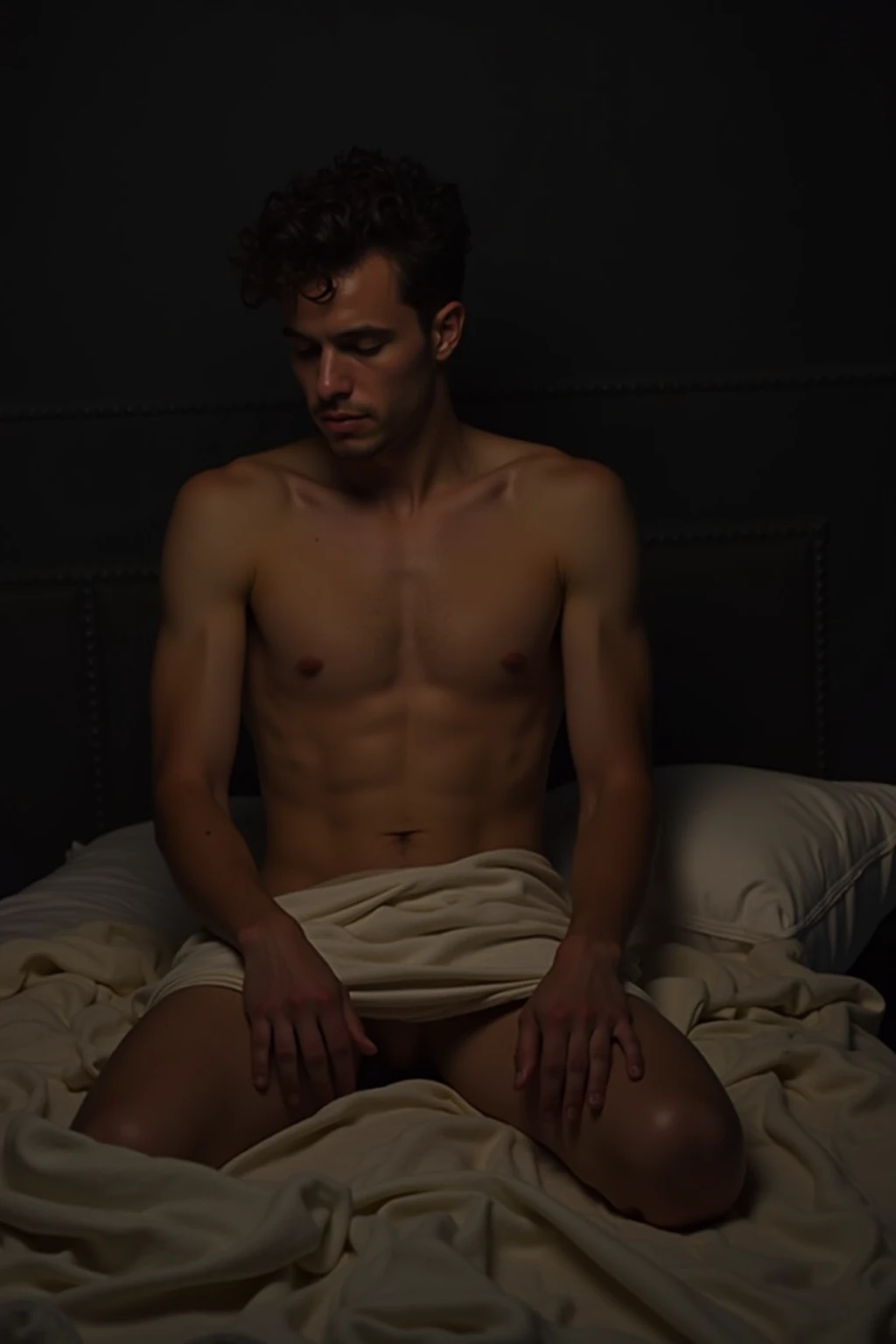 An 1 man lying on a bed in his boxers underwear