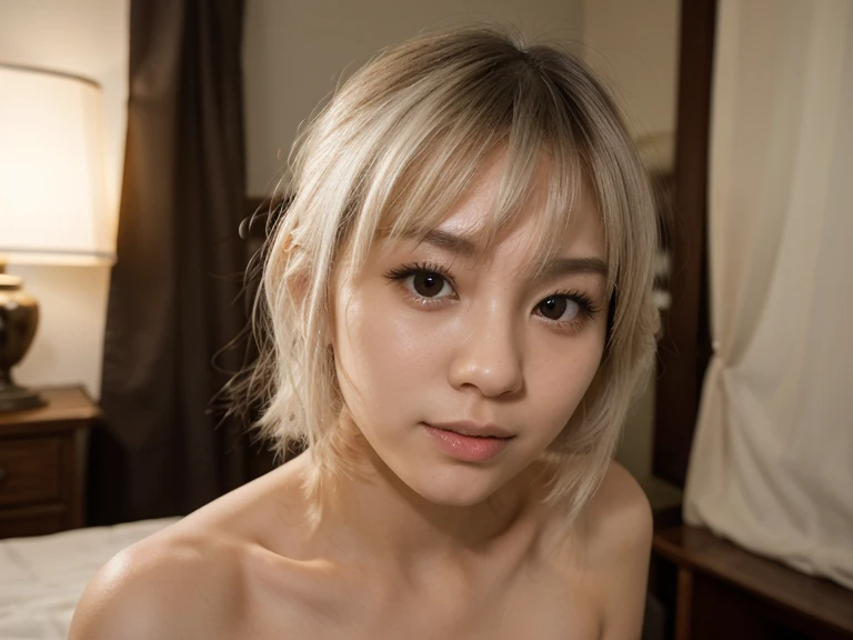 Realistic, High resolution, masterpiece, highest quality, Ultra Definition 8K Wallpapers, very clear, Majestic panoramic view:1.3, (detailed beautiful face):1.2, sweat, blush, closed eyes, open mouth, Saliva, Stick Out Tongue, all fours, background is yellow walls, short hair:1.2, (multicolored)hair, (blonde)hair, (white)lingerie, 1 girl, alone, 