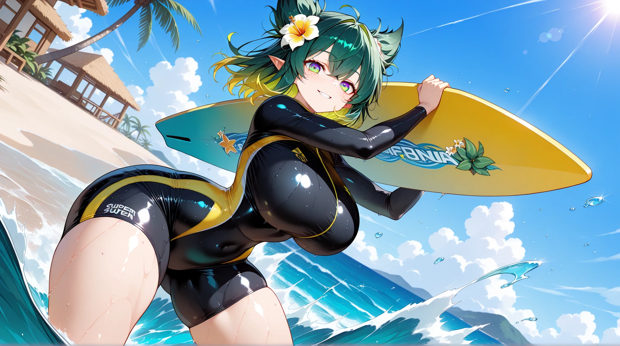 Splatoonのキャラクター,Inkling,Splatoon,Hair color is green,Tree Eyes,Beauty,sunglasses,Revealing swimsuit,Big ,Plump butt,Hairstyle: Short,Playing in the sea,Have a banana boat,cute,Hairstyle: Mash,Her hairstyle is very short.,,,
