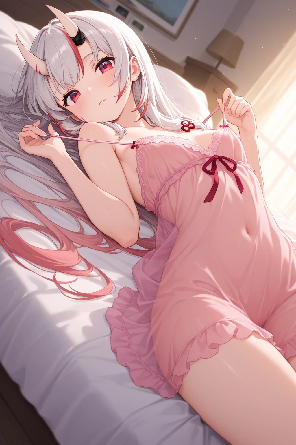 sexy, Gray-haired head, red eyes, (wet body: 1.2), Pajamas, beautiful, female, laugh, beautiful 다리, very detailed face, big bust, bed, (Lying on your back)