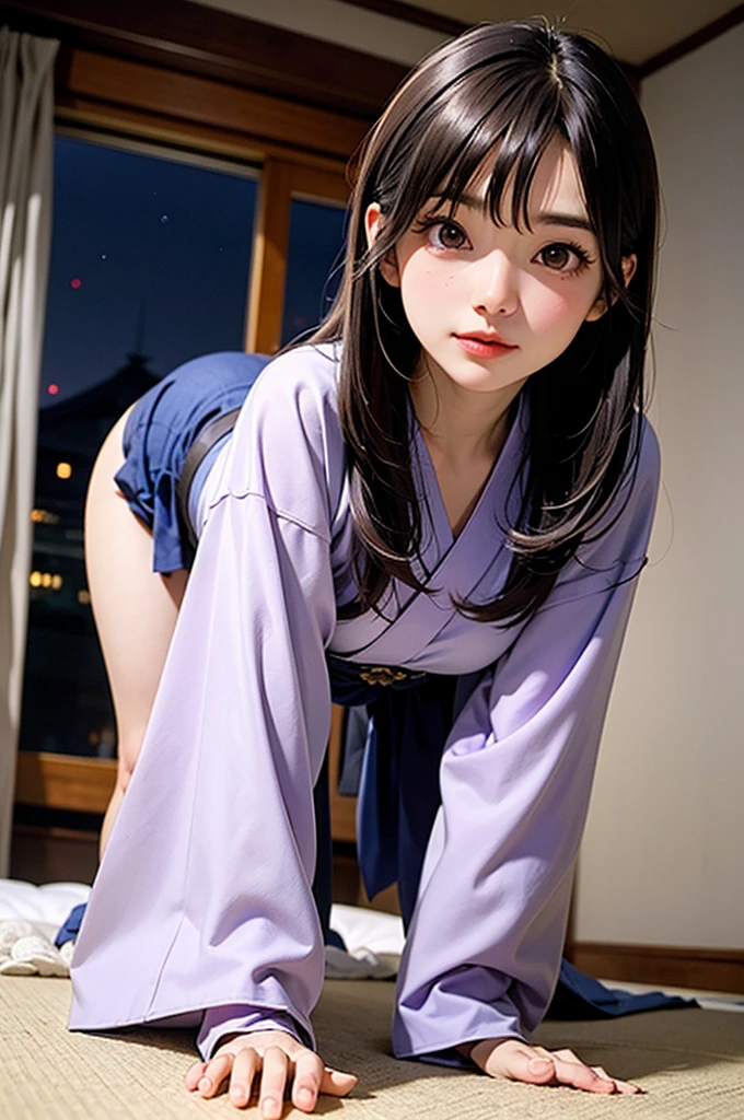 Cartoon character in kimono lying on blanket in bed, 1girl in, Solo, tiptoes, Feet, Barefoot, Foot focus, foreshortening, Black hair, Hair Ornament, Komono, Smile, soles, Blue eyes, Long hair, blush, Looking at Viewer, Kimono, flower, Hair Flower, on the beds