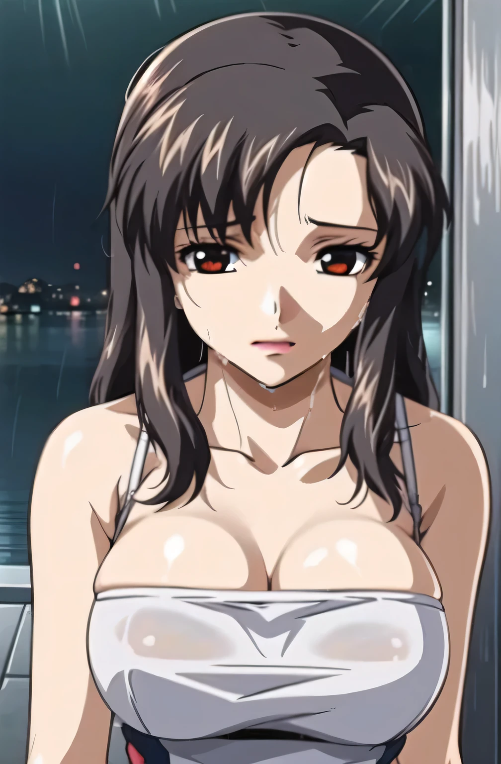 It's raining at night ,draw a more delicate facial expression,Beautiful woman,,5 fingers that delicately and accurately express beautiful fingers,can you draw a woman you want to apologize,all over wet,can you draw a woman standing in a downpour,Facial expression priority, dark background ,,( big boobs ), ( close ) ,so don't trim her face,I am alone,where you can see one-third of your body {x} carefully ,sad face, Humans only have 2 arms ,High definition CG 、 animated CG