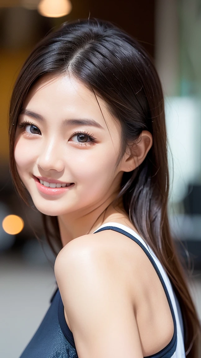 blush a little and smile, (Top quality masterpiece:1.2) Delicate illustrations, Very detailed, /Beautiful Japanese Woman、1 person,Very cute and slim、Great style 、((8k images、super high quality))、Very delicate face, Skin and Hair、Big Breasts、beautifule forehead、Red lipstick、(((((Mid-length hair、Light brown hair、lure))))),Very cute Japanese cut face、Eyes and nose are clearly visible、Kind eyes,((((White sleeveless fashion))))