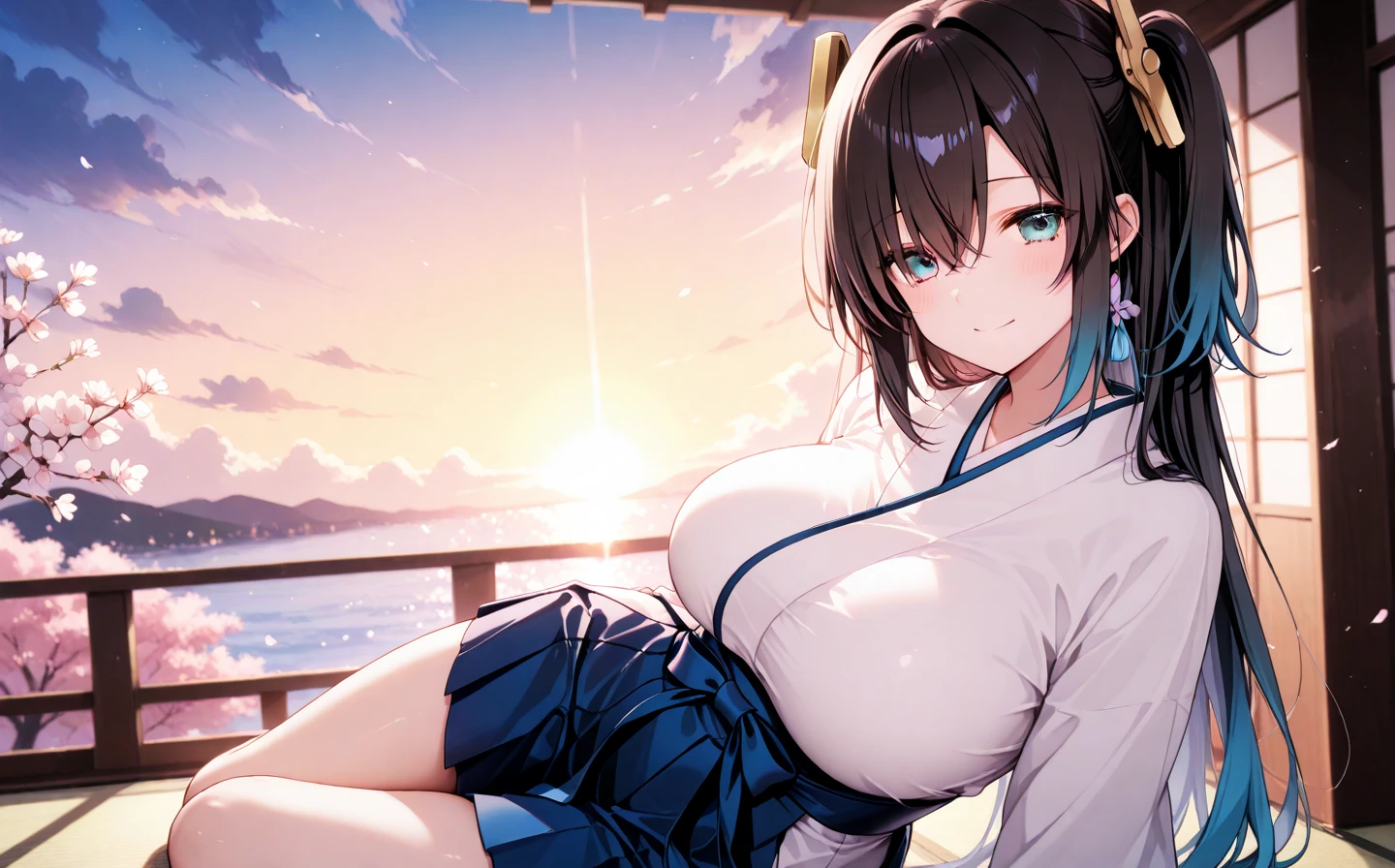 japanes　OL 、A dark-haired　Longhaire、eye glass、Blue Eyes、open light blue yukata、Lace Bra、Colossal tits、gargantuan butt、Having a fan、a smile、sitting on　veranda、chii、Sunset、Armpit　opening legs
