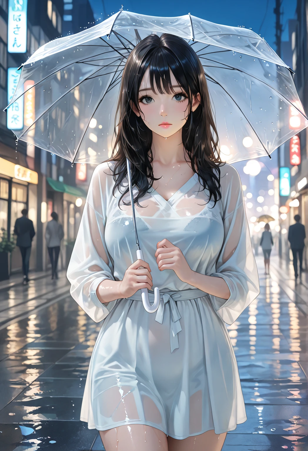 (best quality,4K,8K,high resolution,masterpiece:1.2),Very detailed,(Practical,photoPractical,photo-Practical:1.37),一个女孩站在rain中,Holding an umbrella, Black long hair, , Shy, blush, wet, rain, transparent, (masterpiece, best quality), Soft Light, Composition, light