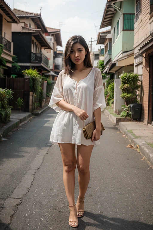 Sweet beautiful Bogor city girl, sassy girl, georgeus face, 25 years old, slim body, roman nose, messy wavy black hairs with a bangs blown by the hard wind, descent mixed from sundanese and javanese, wearing thin full see through long sleeve white unbuttoned lace sundress blown up by the wind, hairy vagina exposed clearly through the clothes, wearing high heels, no panty, no bra, very realistic, very detail, running cheerful in the sunny morning, happy sweet face, very cute laughing, her body and her messy dense pubic hairs are exposed through the clothes, sun shining her body through the clothes, from top of head to the toes are visible, very hard wind that blowing everything, hard windy enviorement,