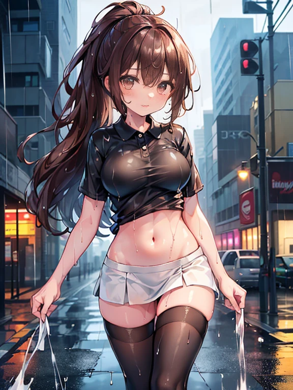 (nsfw,cum on body,bukkake:1.5),((perfect anatomy:1.2,realistic:1.3,RAW Photography:1.3,masterpiece、highest quality、Ultra - High resolution、High resolution、Highly detailed CG、8K)),cowboy shot,1 female,solo,18 year old beauty, Japanese、((beautiful detailed face and eyes:1.2,big gorgeous eyes:1.2,crying,)),dark brown  hair,long hair,bangs,medium breasts,slender body,small head:1.5,skinny,(brown skin:1.5),(oily skin,gleaming skin,shiny skin,sweat:1.4、Stuffy crotch),(skindantation,rolled up T_shirt,nipples,black T_shirt,navel,black sports shorts,black socks,black sneaker shoes),kneeling,arms behind back,Shibuya Station、Tokyo、neon、at night、
