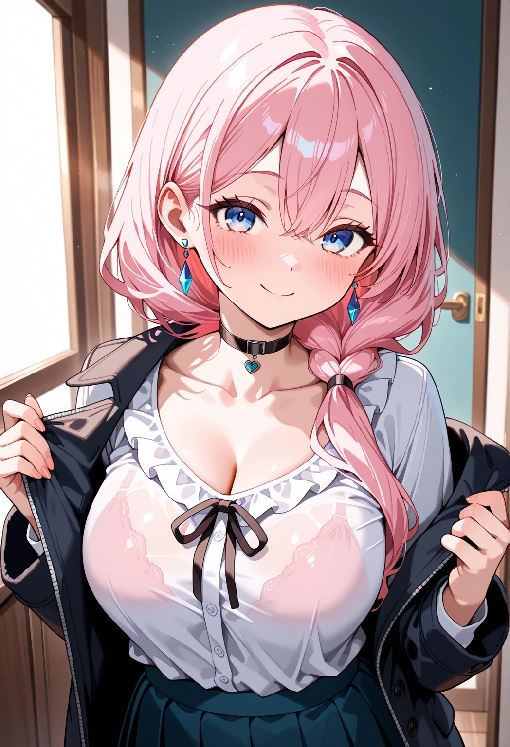 (masterpiece、top-quality、ultra-detailliert)、((1 girl))、((Pink hair twin tails))、light blue eyes、evilsmile、piercings、((very Bigger breasts))、(black lace bra)、(denim mini pencil skirt)、cowboy shot、sit on a bed、bedroom background、POV、Taken from the front