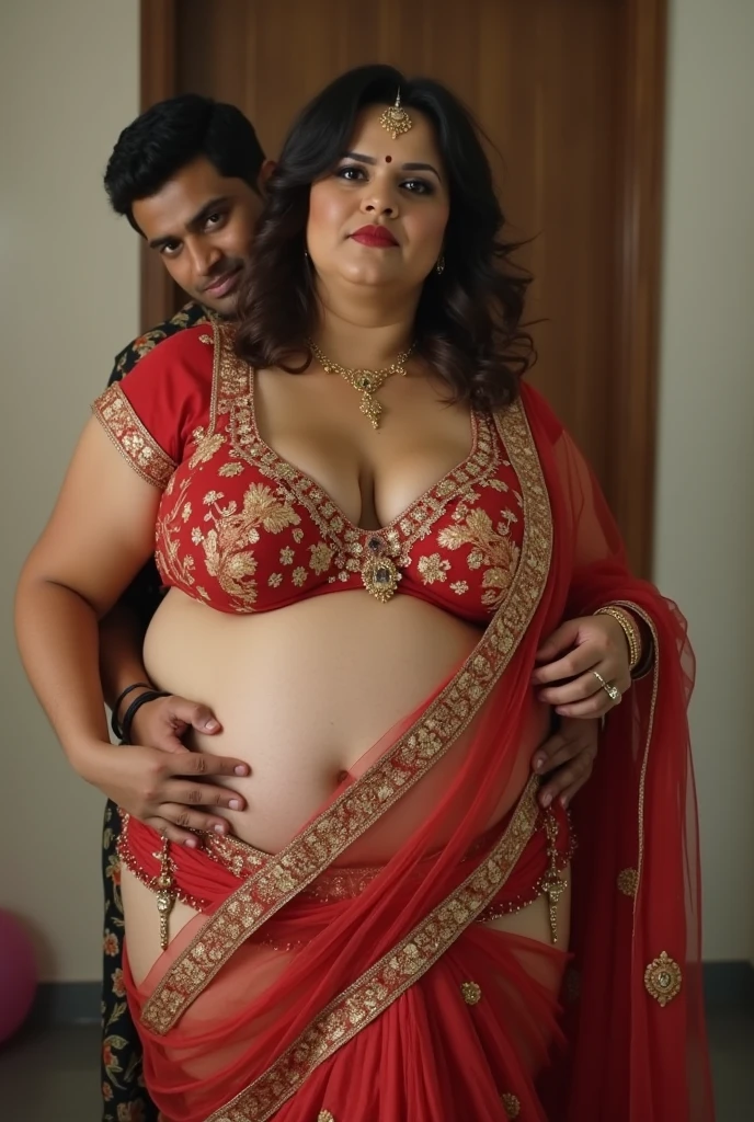 A radiant, full-figured South Indian 25 year old girl wearing a black saree tenderly hugging and kissing a jubilant 35-year-old man while laying on bed, captured in a full-body image with vibrant hues and meticulous details. Full body image