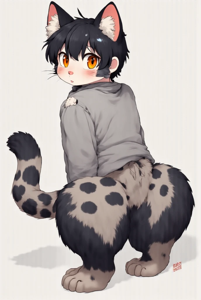 a drawing of a cat with a grey leopard tail and black and white socks, booty shorts, he has gray leopard skin!!!, leopard spots, with gray skin, pov furry art, sona is a slender, furry art!!!, gay, femboy, anime catboy, by :5 sexy: 7, white cat boy, holding a pudica pose, cute anime catboy, sfw version, male furry mini cute style