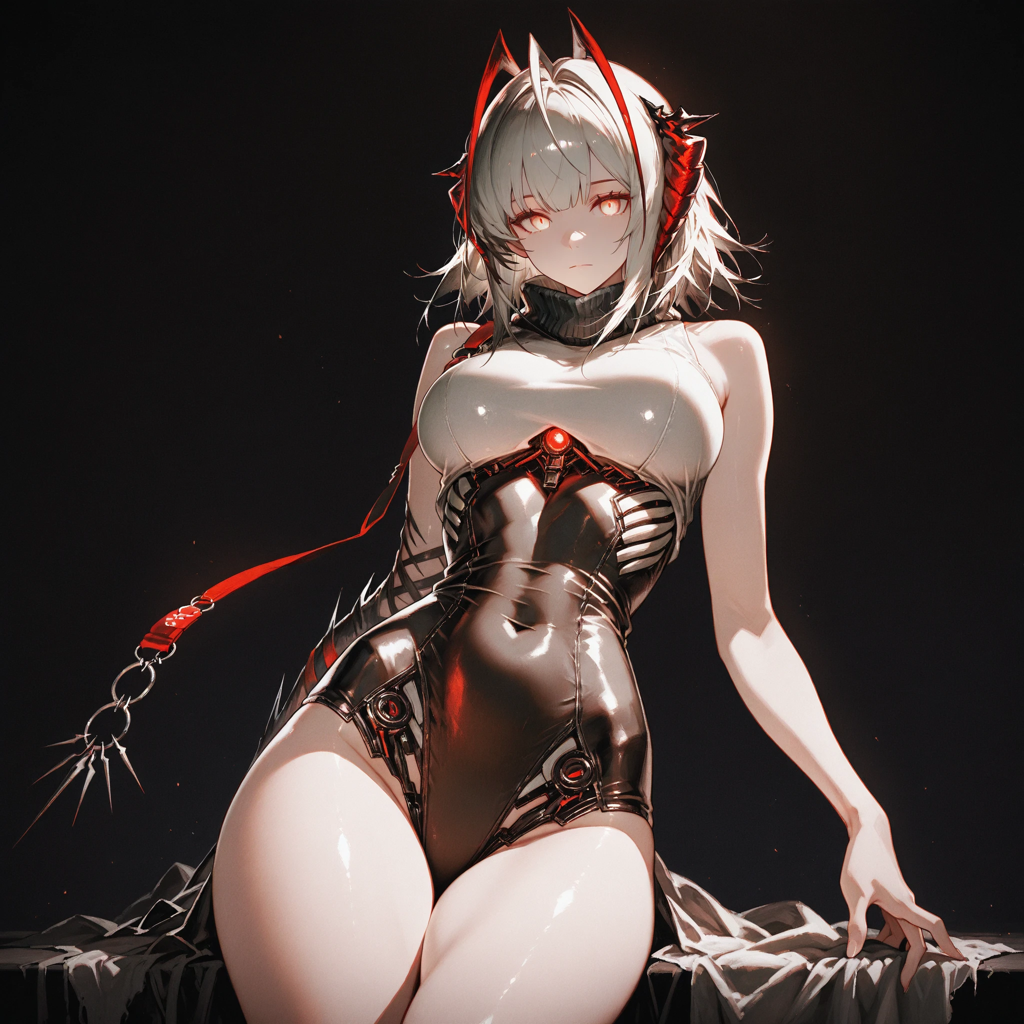 ltra-detailed, Explicit, Beautiful body, Beautiful Nose, Beautiful character design, perfect eyes, perfect face, ultra highres, 4K, beautiful legs, perfect legs, Nice hands, Perfect hand, Masterpiece, Best Quality, Highly detailed, illustration, absurdres, perfect anatomy, street fighter, doll suit, shadaloo doll, dollsuit, expressionless, blank eyes, looking at viewer, red gloves, emotionless, black latex, corruption, mind control, female combatant, full body, hypnotized, unhappy trance, full body suit, ribbed bodysuit, both arms at side, obey, perfect female body, extremely glossy latex, hypnosis, hypnoLora, empty eyes, Mind control device, poses, submissive_pose, Slave, kneeling down straight, kneeling down, kneeling down at attention, hat, necktie, belt, latex, ribbed bodysuit, thigh Highs, garter belt, Fighting Stance, extending the right arm from the shoulder into the air with a straightened hand, military, thigh boots, black pantyhose, (((pixel-perfect, detail-perfect))), solo, 1girl, hair ornaments, very long hair, white hair, yellow eye, pale skin, MARIE ALTER, Marie_Antoinette, twintails, bangs, grey hair, small breast, evil grin, evil smile