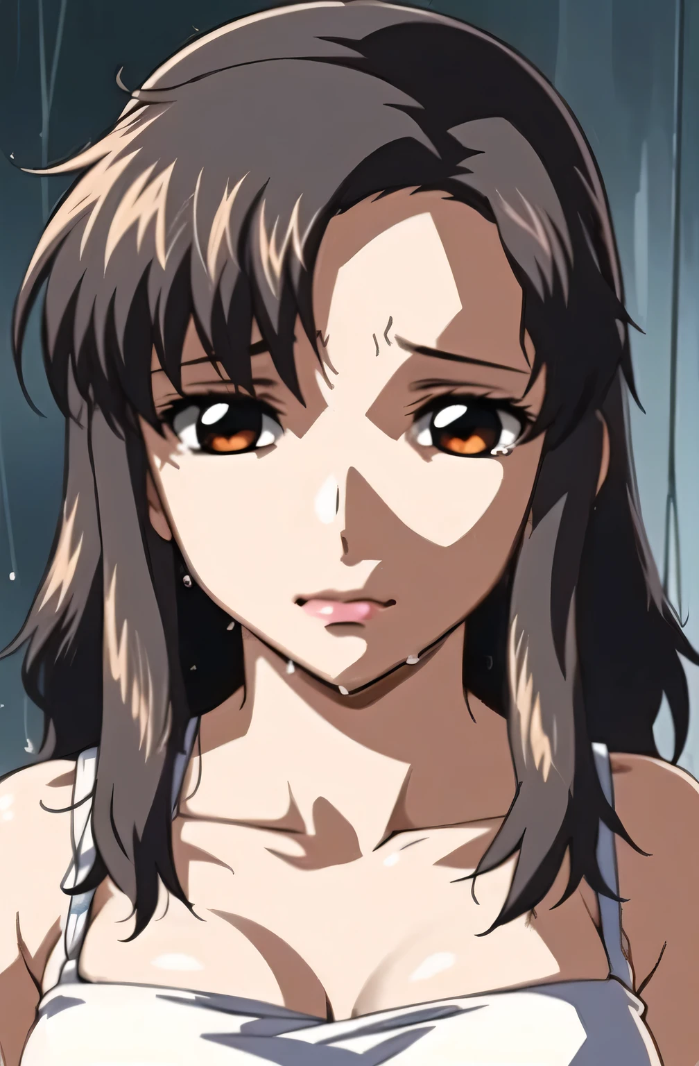 (beautiful detailed eyes:1.5, beautiful detailed face:1.2, beautiful detailed hair), Murrue Ramius, 1 woman, red eyes, blush, (nsfw, sexy, Curvy), (brown hair, long hair, bangs), (sagging large breasts), (negligee:1.5), (upper body:1.5), standing, (Perfect detailed Anatomy, beautiful detailed hair, perfect female body:1.2, shiny skin), (thick outline, Beautiful outlines, black outlines), simple background:1.5