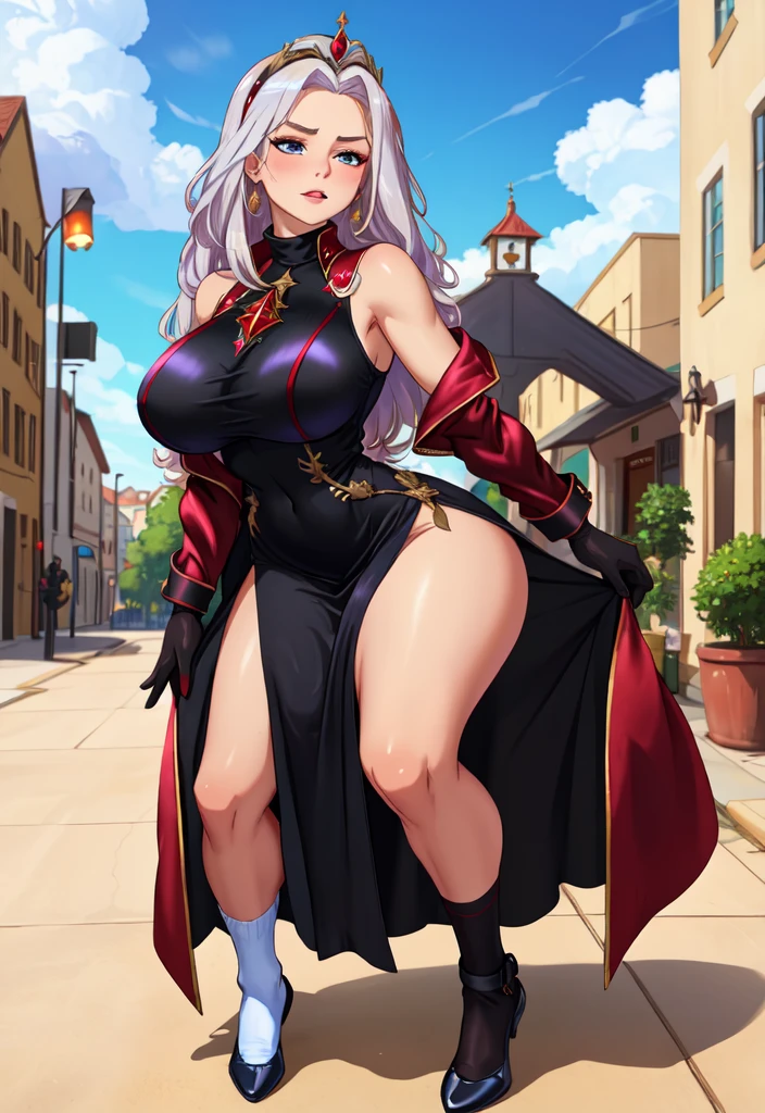 A woman with silver bob hair and blue eyes, (She is looking down), extremely detailed and realistic, masterpiece quality, ultra-detailed, HDR, vivid colors, physically-based rendering, thick thighs, (scornful grin), long thick muscular thighs, wearing red dress dress