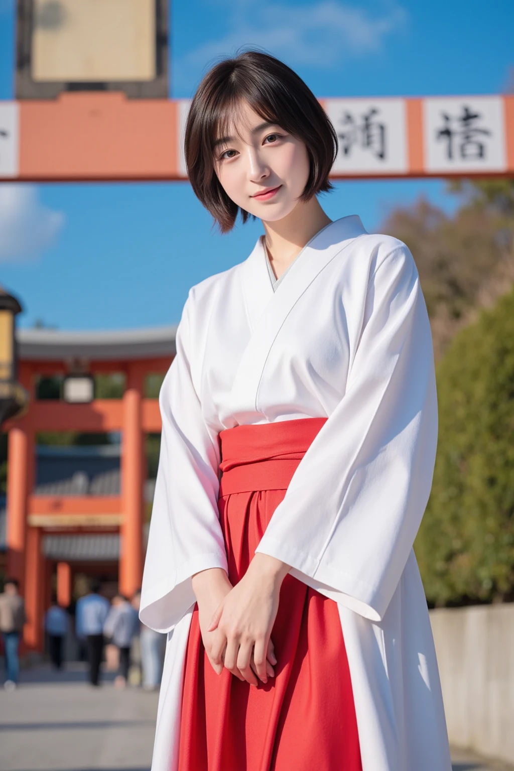 (White kimono and red long skirt、Slim, and short hair,,、Close-up of a girl with dull bangs:1.5)、(Wearing a white kimono and a long red skirt in the grounds of a Japanese shrine、The girl turned around with a small smile.:1.5)、(Beautiful blue sky :1.3)、(Perfect Anatomy:1.3)、(Full Finger:1.3)、(8k:1.3)、Photorealistic photography、Tabletop、highest quality、High resolution、Delicate and beautiful、Perfect Face、Beautiful fine details、Fair skin、Real human skin、((Thin legs))、(Black Hair)