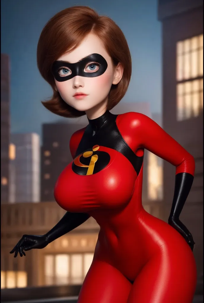 (ultra realistic,32k, masterpiece:1.1),(high detailed skin:1.1), 8k uhd, dslr, high quality,(makeup, mascara:1.1), (thick\lips\),
 <lora:HelenParr:0.7>helenparr,  brown hair, brown eyes, domino mask, mask, bodysuit, black elbow gloves, thighhighs, , <lora:add_detail:0.79>, huge breast, 
(looking at viewer, standing, from above:1.1),,
,(bioluminiscent:1.1),  blank background