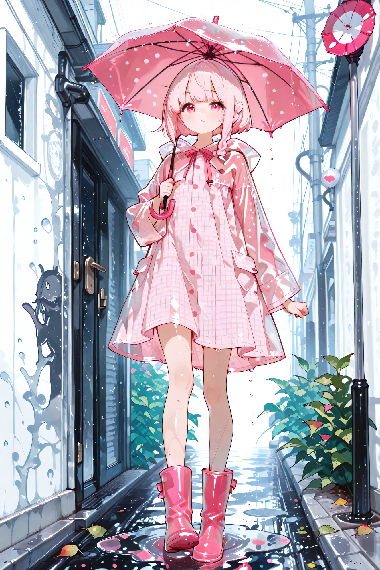 top quality、masterpiece、Beautiful girl、braided bob cut、Big Smiles、fun atmosphere、A little girl wearing pink rain boots is happily bouncing around in a puddle of water on a street corner on a rainy day、is cloudy, and、It&#39;s raining lightly、Raindrops are attached and shining brightly、round puddle spreading out at the foot、bright pink rain boots with luster、colorful umbrellas and wet leaves、A cute raincoat with pink polka dots on a white background、Hooded, fluffy A-line silhouette、light pink plaid dress、cute