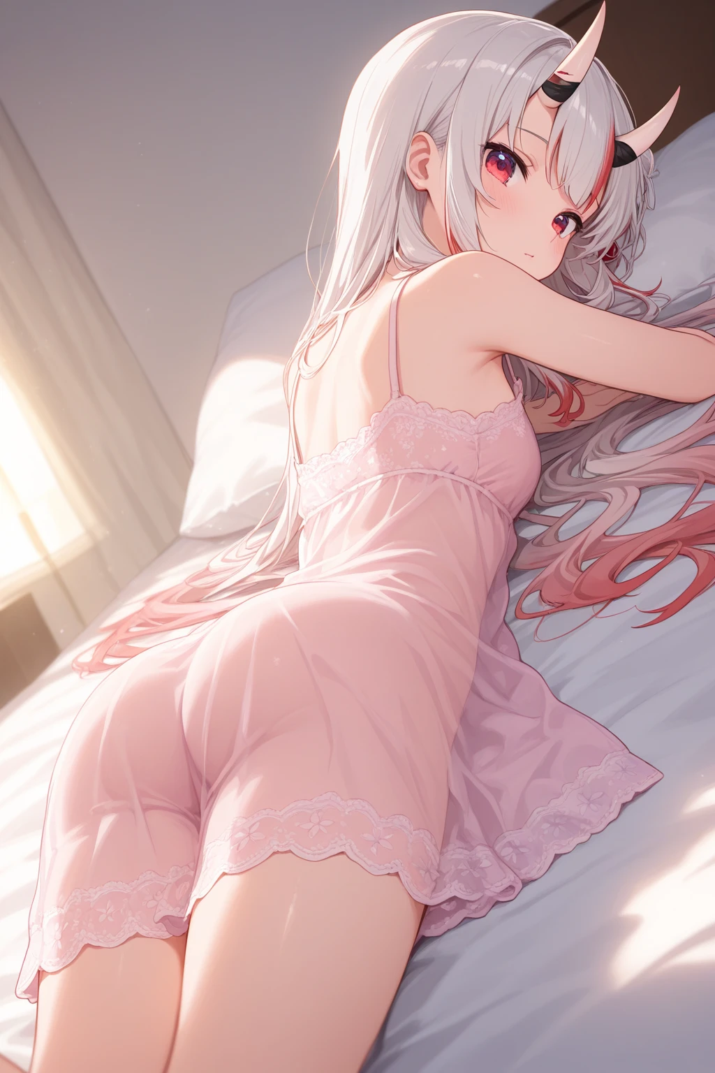 anime styled, Anime Artwork,The ultra -The high-definition,超A high resolution,An embarrassed expression of pleasure with one eye closed, Pretty lips,beautiful a girl,long eyelashes, Twin tails bundled with a red ribbon,a blond,length hair, A sheer bra with a thin and simple design,No panties, Panties, see -through,(barechested:1.4),(see -through:1.4),areola is showing through, Almost full nudity,bare-legged,M-shaped legs,open legs,Draw the whole body from the top of the head to the toes。Bed with pink bedding,Crotch wide open,legs wide open,Full view of the crotch
