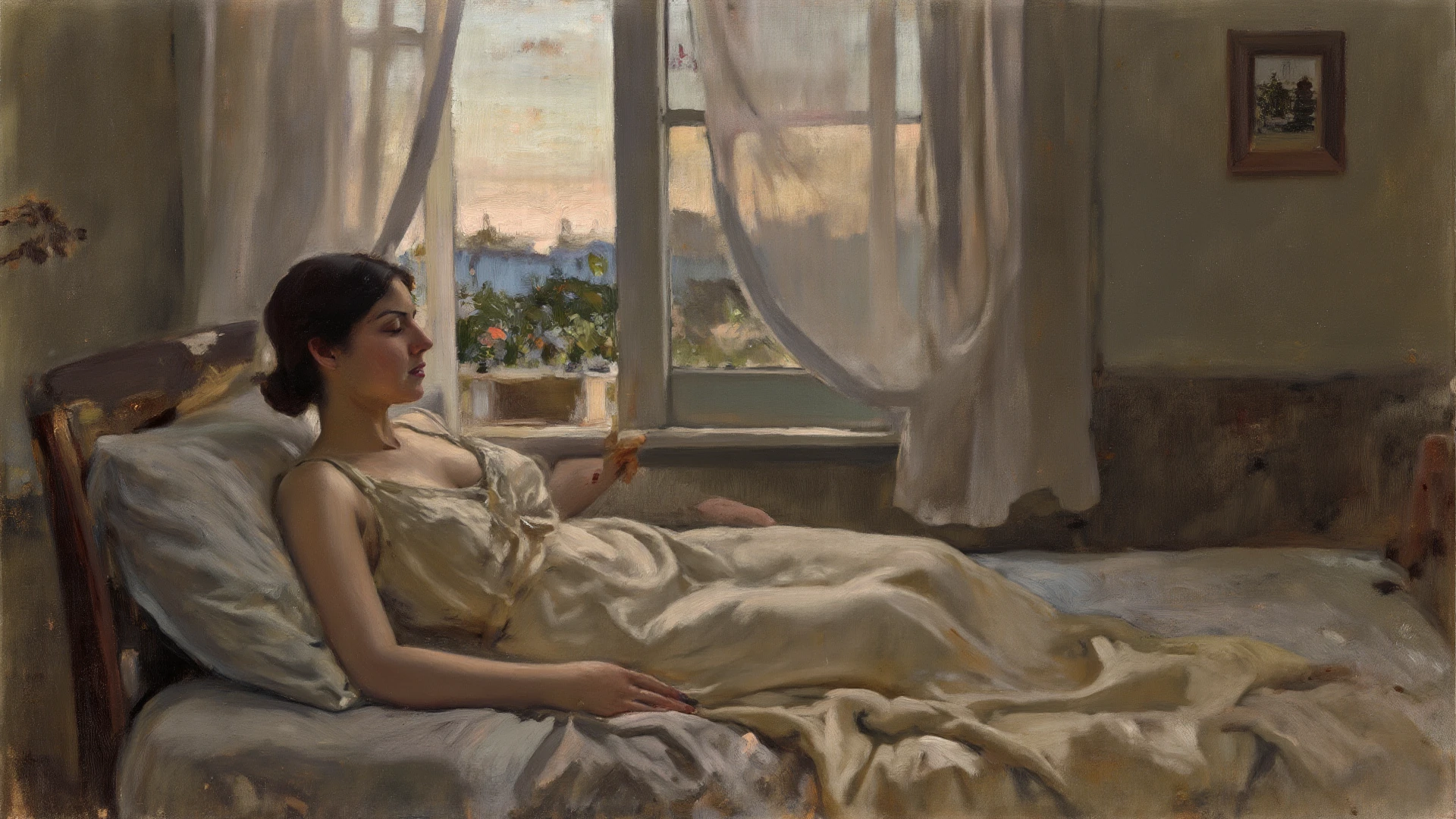 painting of a woman in a white dress standing in front of a window, summer morning light, danile gerhartz, summer morning, volegov, inspired by Henryk Siemiradzki, by Michael Garmash, inspired by Enrique Simonet, morning glow, garmash, by Richard Carline, in the early morning, michael garmash and