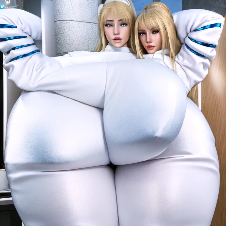 Muscular girl, short blonde hair, devil figure, (huge and amazingly large breasts), (the action of stuffing two huge balloons into the clothes), the action pose, (exposing the waist), (pregnant belly), (white dress and black dress), (two maidens fight each other, the maiden lifts one foot and steps on the belly of the other girl lying on the ground)