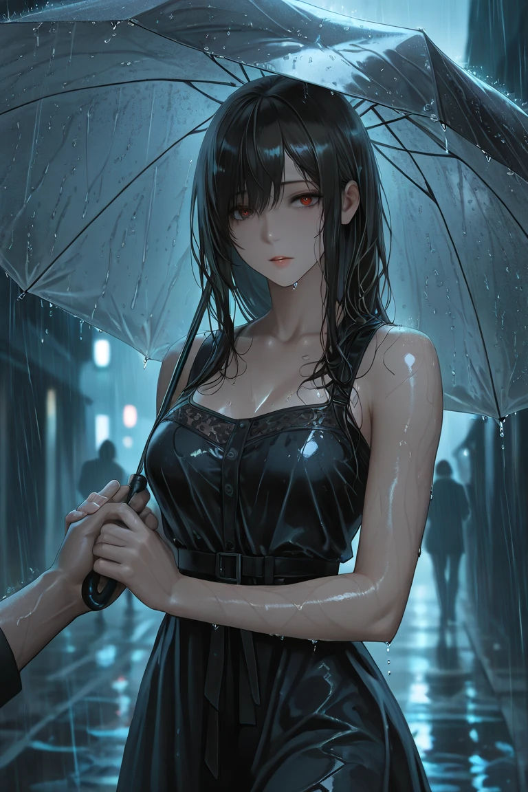 A hauntingly beautiful woman stands in the rain, her figure illuminated by the shimmering drops cascading around her. Her dark hair clings to her skin, accentuating the delicate features of her face. The image is a striking photograph that captures the melancholy elegance of the moment. Every detail, from the glistening raindrops on her skin to the subtle curve of her lips, is rendered with an exquisite attention to detail. Displaying a perfect balance of vulnerability and strength, this image evokes a sense of raw emotion and captures the essence of ephemeral beauty.