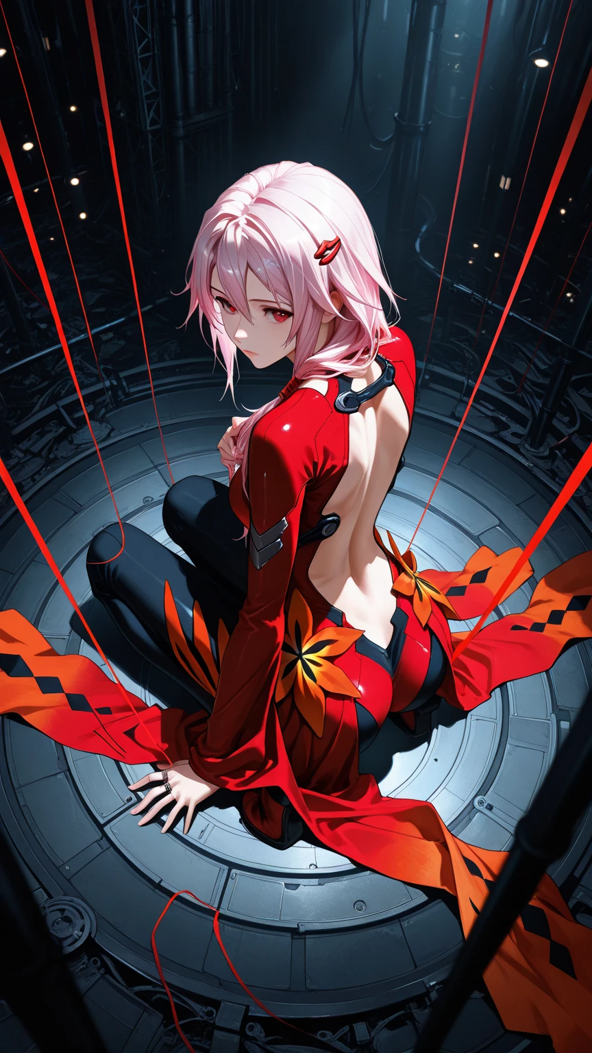 red dress, yuzuriha_inori, pink_hair, 1girl, long_hair, solo, from_behind, elbow_gloves, bare_shoulders, gloves, bandages, twintails, facing_away