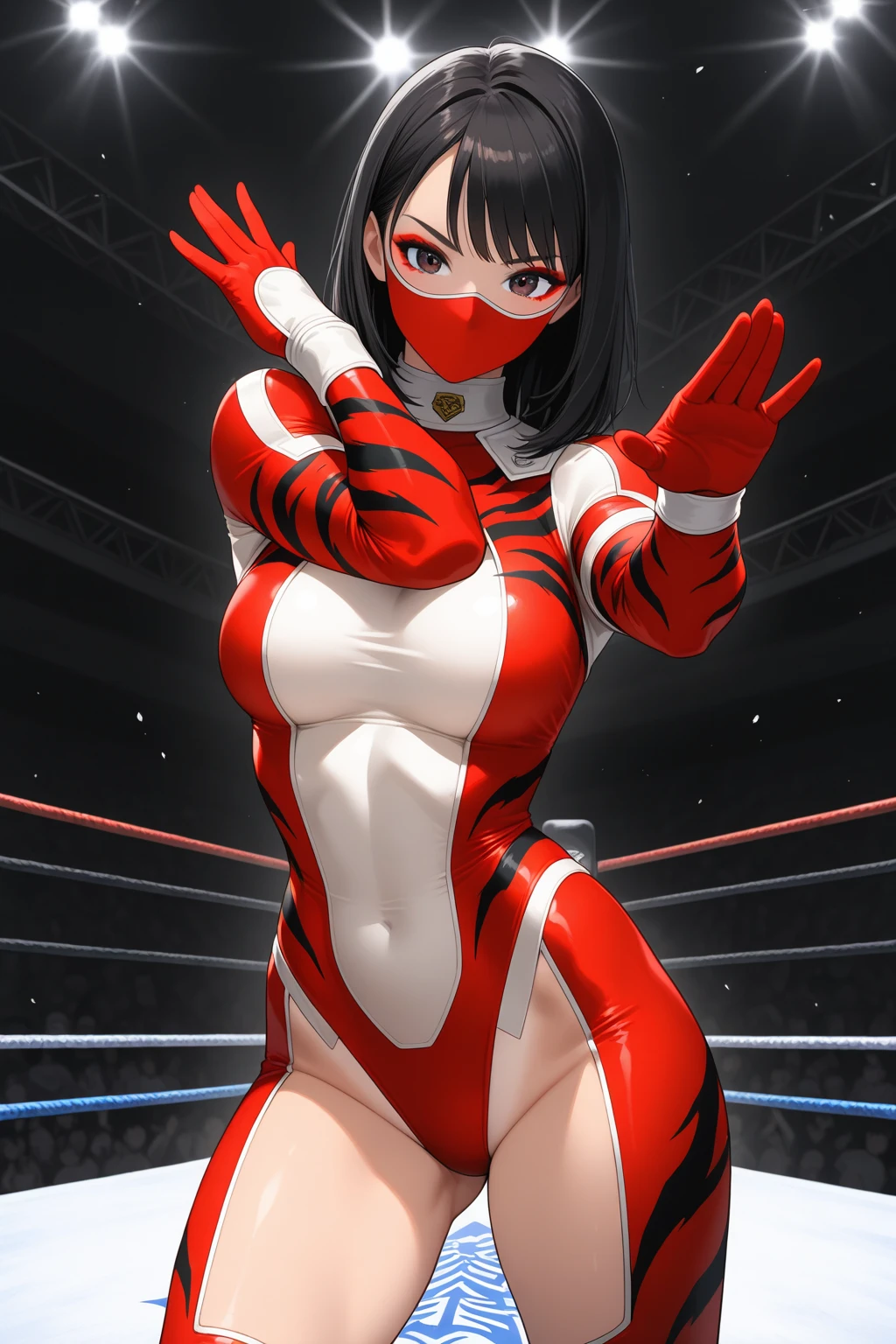 Nadeshiko,solo, black hair, bob cut, bangs, lips, brown eyes, muscular, blunt bangs, standing, serious, fighting stance, cowboy shot, cameltoe,
WreGear, white and red leotard,knee pads,boots,knee boots,elbow pads,wristband,red footwear,cross-laced footwear, bare shoulders, lace-up boots,
wrestling ring,
(insanely detailed, beautiful detailed face, masterpiece, best quality)
<lora:Nadeshiko:0.7>