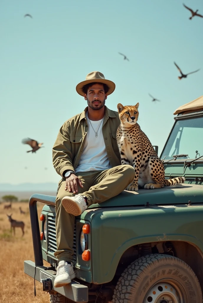A handsome beautiful slim white skin shirtless man in the desert with two leopards