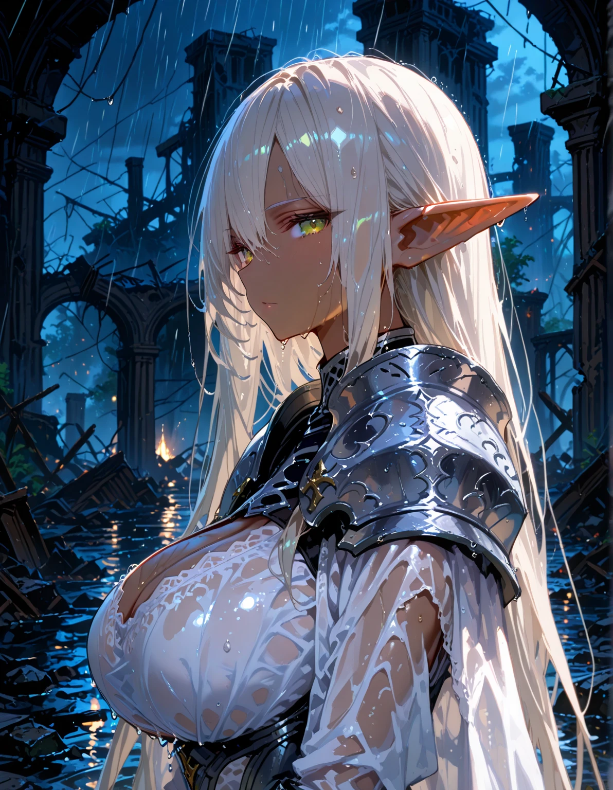 Create an realistic RPG-style image of a heterochromatic female elf in a forest with white hair and black leather armor, seen from the front, has one green and one blue eye, have a ruby amulet. On her back is she holds a large sickle, while on his waist are two small sickles attached together by a chain on their handles. She also appears to be carrying an adventure backpack. gold rings with ruby floats next to her.