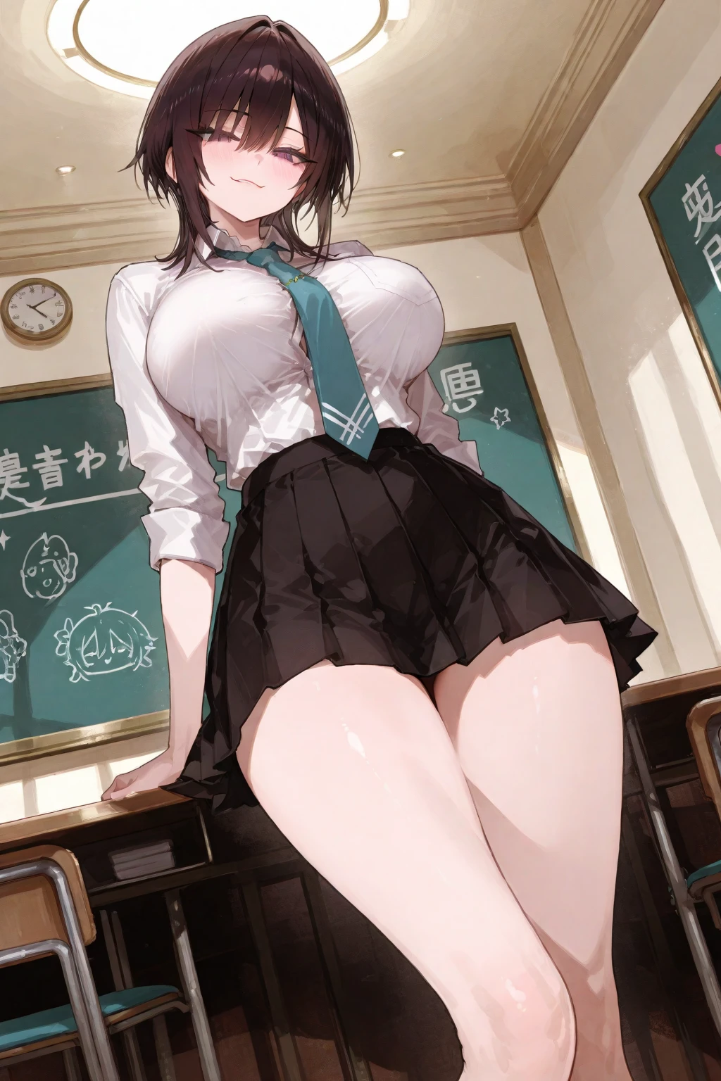 Very detailed CG Unity 8K wallpaper),(masterpiece), (Highest quality), (Very detailed), (Best illustrations),(Best Shadow), Dynamism,16 years old,Purple eyes and purple very short hair,Large Breasts　mini skirt　Bold skirt lift（Show me your underwear）　Maid clothes