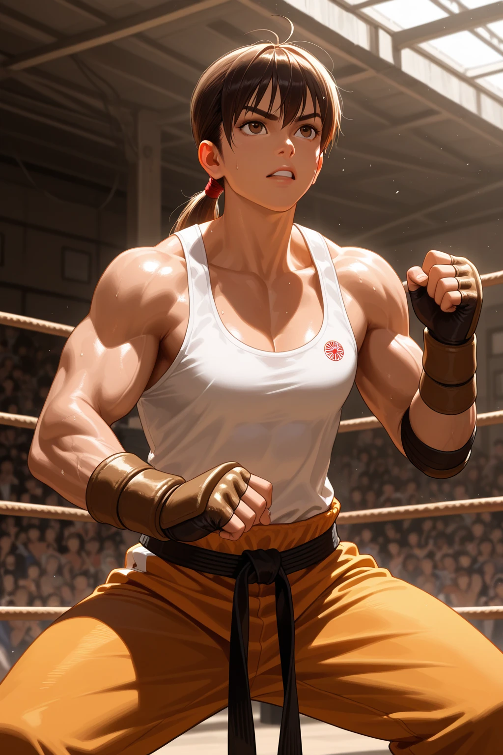Woman, redhead, adult, lipstick, provocative face, red boxer shorts, white tank top, orange hair (ponytail), muscular, strong arms, big thighs, big ass, small breasts, (background: boxing ring)