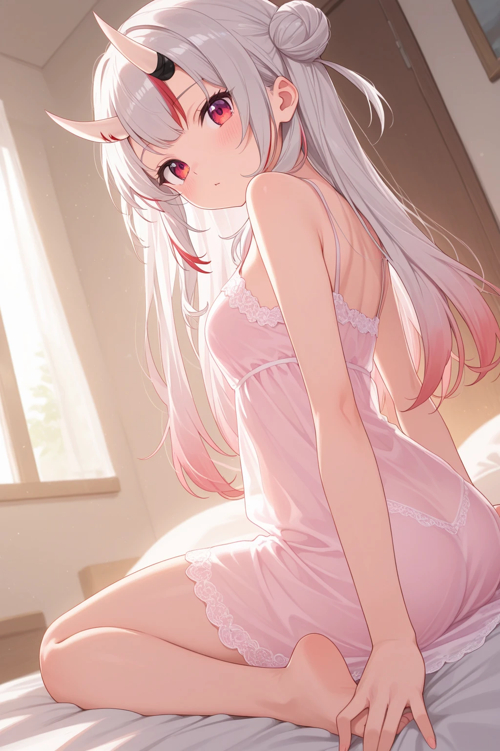 beautiful illustration, best quality, cute girl, bedroom, pastel color, fluffy bunny ears, petite, silver long hair, rabbit stuffed toy, bright lighting, light pink eyes Without clothes and from behind