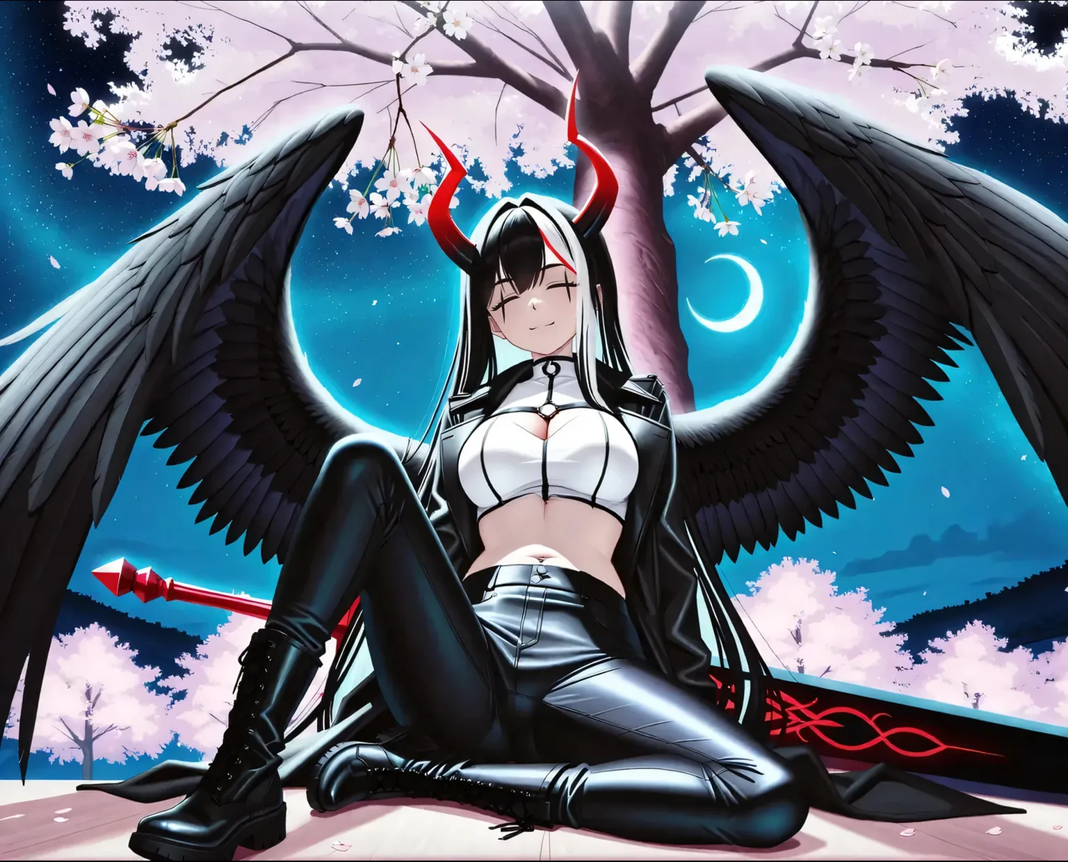 1girl, solo, albedo overlord, white_horns, slit pupils, (demon horns), ((black hair)), (black feathered low wings wings), huge_breasts, ((matoi_ryuuko outfit)),solo,1girl,((senketsu:1.1)),breasts,suspenders:2, thighhighs, skirt, underboob, short_hair, garter_straps, looking_at_viewer, microskirt, standing, elbow gloves,portrait, closed mouth, full body, front look, pleated_skirt, high heels, navel, boots, thigh_boots