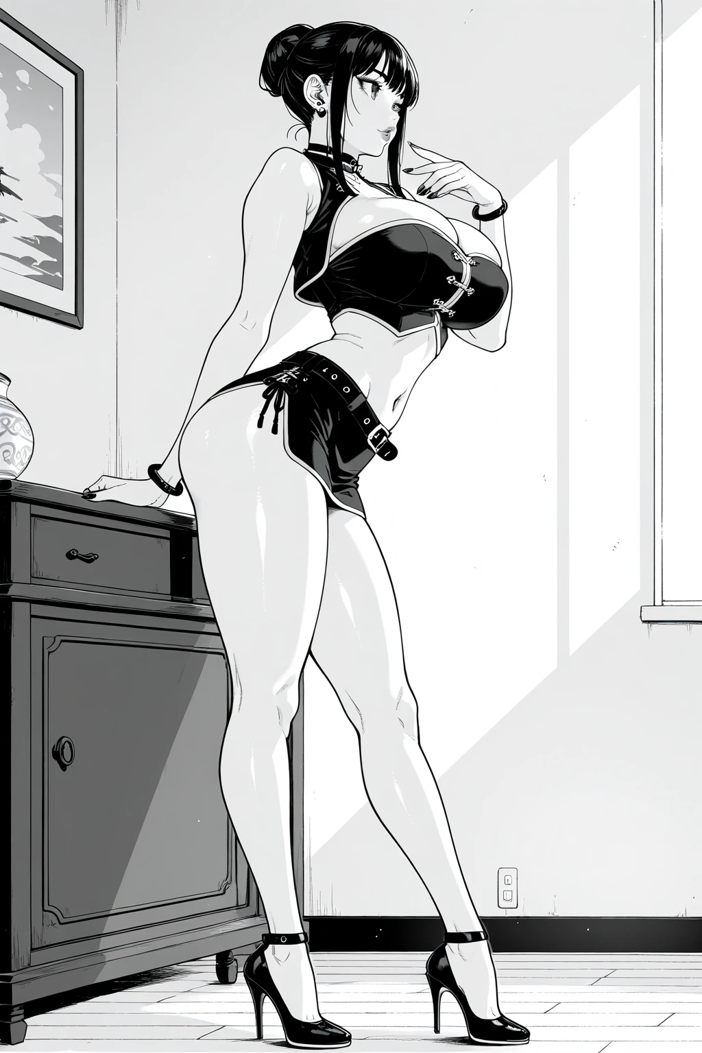 lineart, monochrome, unparalleled masterpiece,, (1girl:1.1) , solo, ((perfect female figure)), (nsfw), looking at viewer, mature female, bimbo (android 18) standing, (teasing), best quality:1.1 , seductive posture, sexy pose, alluring, (beautiful), (curvy), (thick), short hair, earrings, jewelry, denim vest, open vest, black pantyhose, black shirt, denim skirt, striped long sleeves, blue skirt, toned legs, fit, (abs:1.1), (big butt:1.4), peach ass, (athletic body:1.2), (large breasts:1.3, (big_breasts:1.1), wide_hips:1.5, narrow waist, small waist:1.5, slender body:1.2, thick thighs:1.3), (shiny skin:1.2), (hdr), (street:1.2),