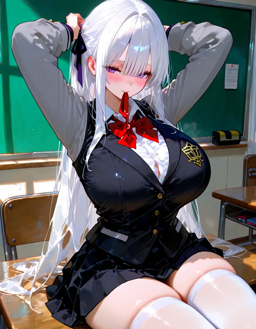Highest quality、masterpiece、Realistic photos、(Woman with huge saggy breasts:1.2)、、mini skirt、Long silver twin-tails、Red Eyes、Best Style、Thighs、Knee-high socks、Tsundere、School