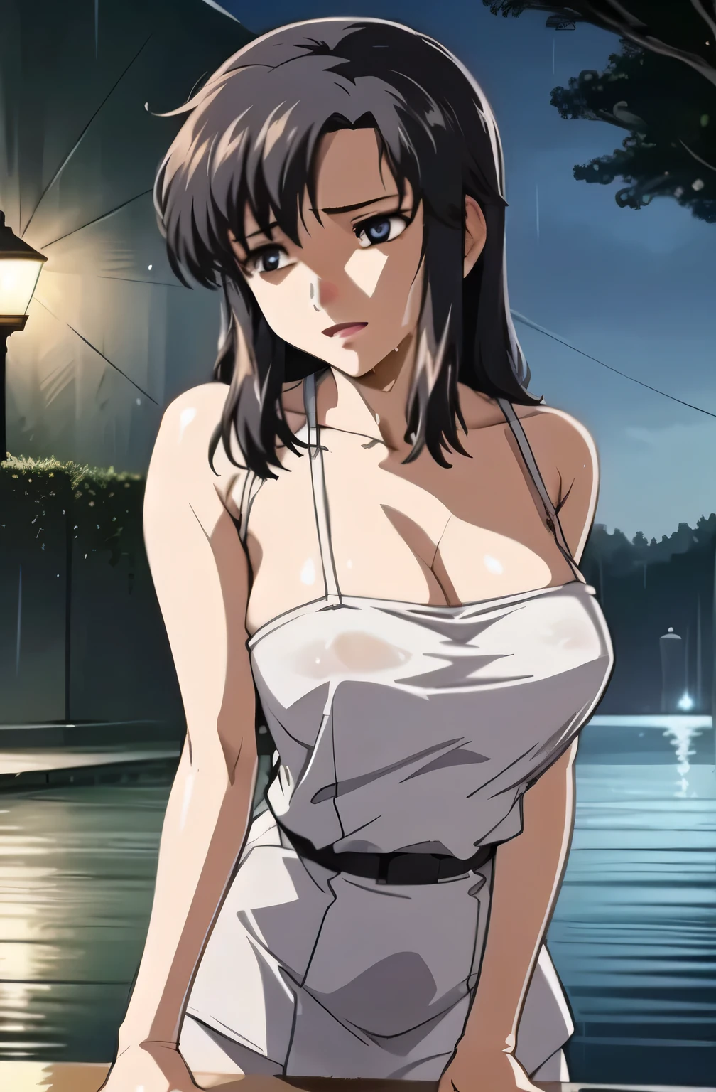 (8K, RAW photo, highest quality, masterpiece: 1.2), (realistic, realistic: 1.37), 1 girl, Japan, 25 years old, woman, pool, splash, Natural light, photon mapping, radio city, dark brown hair, detailed face, detailed lips, fine eyes, more skin, double eyelid, ((wet and transparent shirt、white mini flare skirt)), the shape of the nipples is clearly visible, (The shape of the pubic bone is clearly visible), perfect body, (wet body: 1.5), shiny skin, (Are standing), thighs open, sexy pose,, eye contact with camera、(((white background)))、Open chest shirt、