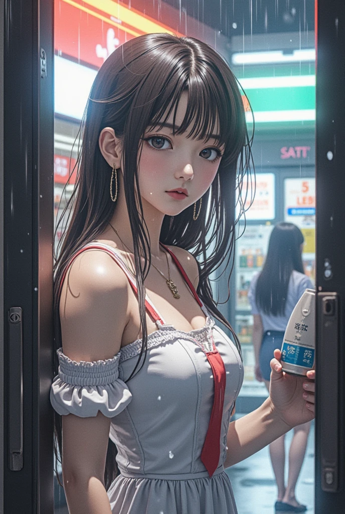 Beautiful girl working part-time at a gas station in a red bikini with brown hair up style