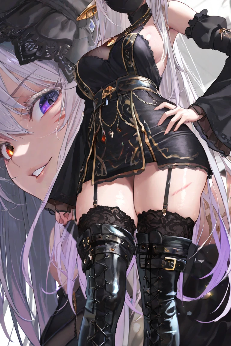 world of warcraft demon hunter class black latex fire eyes long horns white hair cute face sexy full body