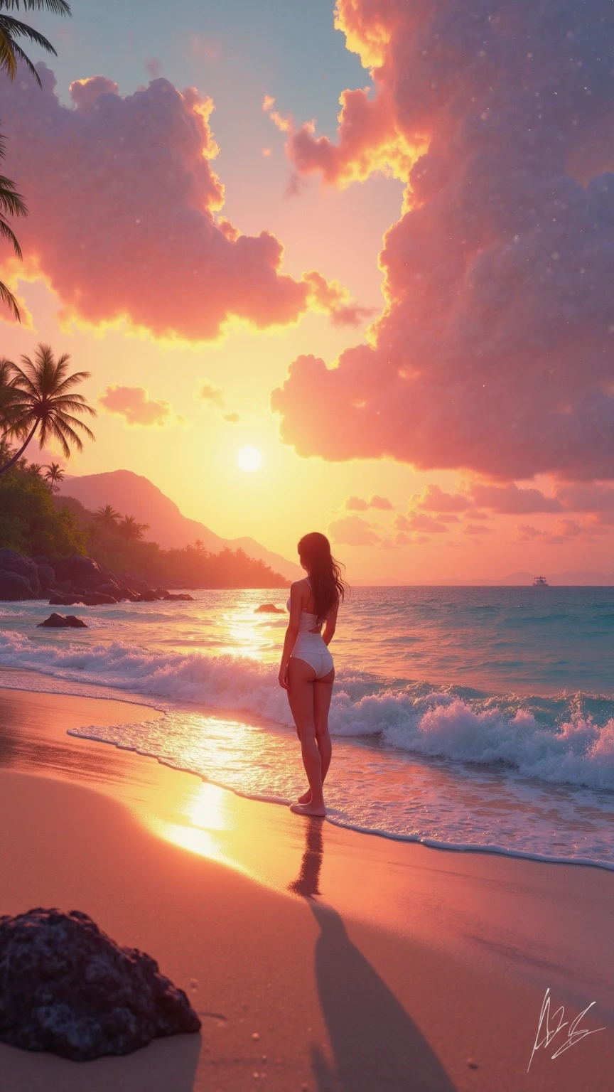 a woman standing in front of a window, looking out window, dancing, hands in air, legs in the air, happy, wearing a white bikini, seaside background, wearing headphones, a digital painting inspired by Alena Aenami, pixiv, realism, rainy night. digital illustration, blurred and dreamy illustration, blues, blurry and dreamy illustration, artistic. lo-fi illustration style,